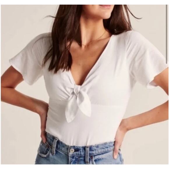 Abercrombie & Fitch Tops - NWT Abercrombie and Fitch White Linen Blend Front Tie Short Sleeve Bodysuit